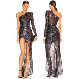 NWT Zhivago Camille Embroidered Sequins One Shoulder Long Gown Black Womens US 8